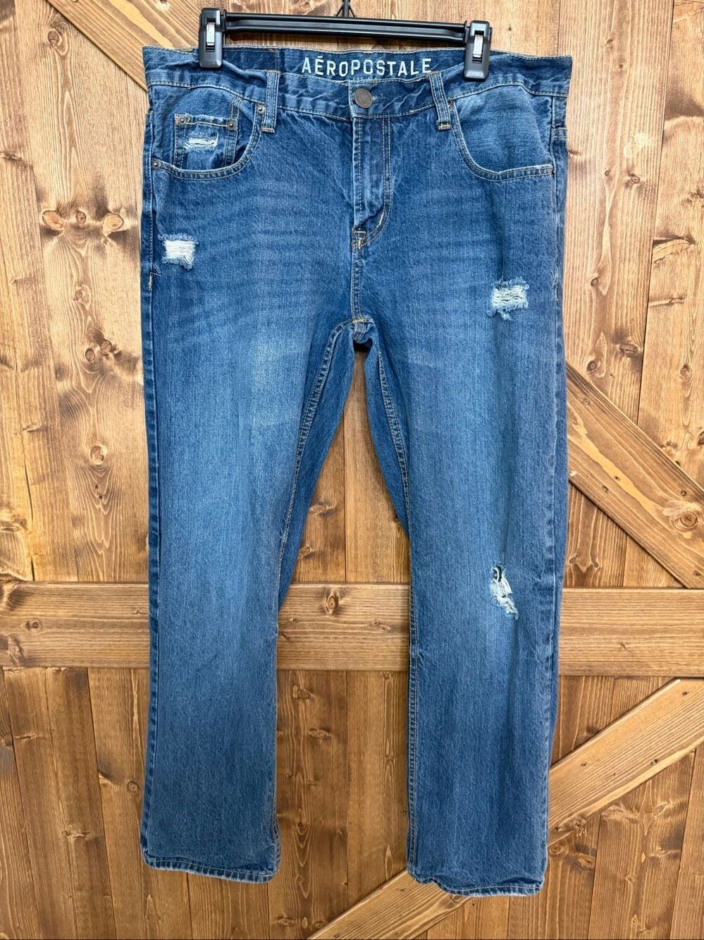 Aeropostale Bowery Men’s Jeans 34x30 Slim Straight Distressed Medium Wash Denim